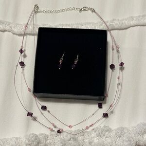 Purple/pink wire necklace with matching earrings jewelry set.